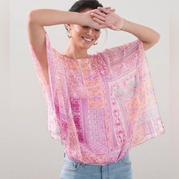 Chico's | Pink & Orange Coastal Tile Bubble Hem Sheer Boho Top Chiffon Blouse - Picture 1 of 5